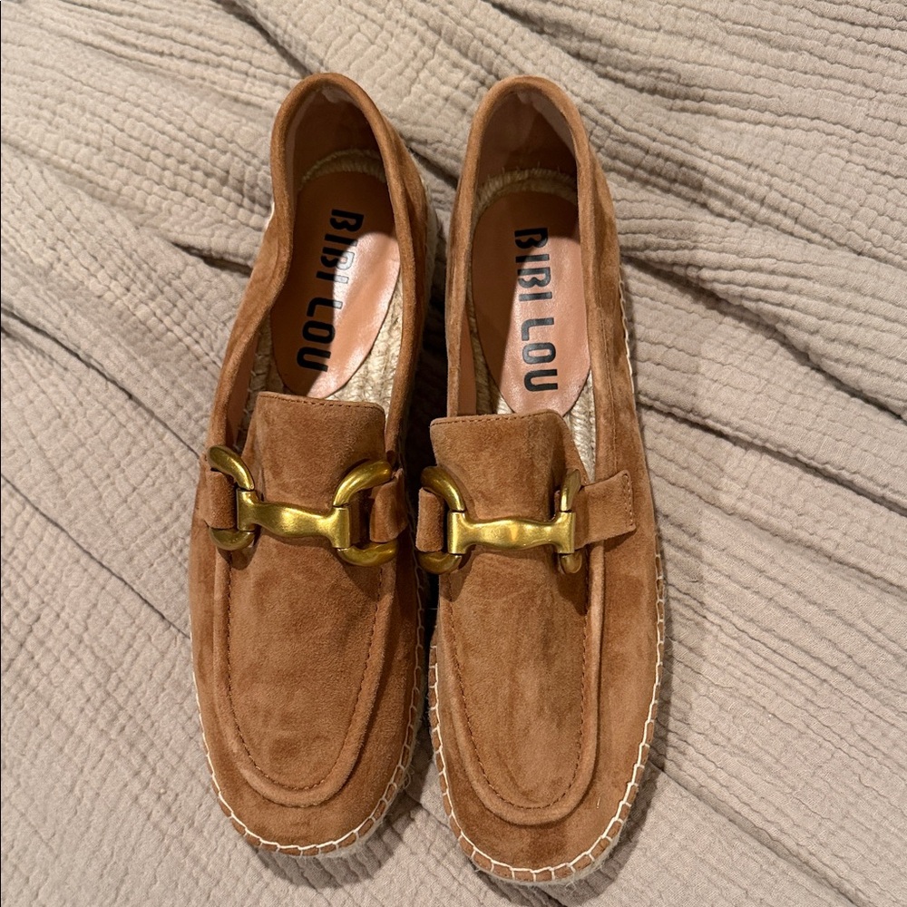 Womens Tan Suede Loafers with Gold Bit Detail